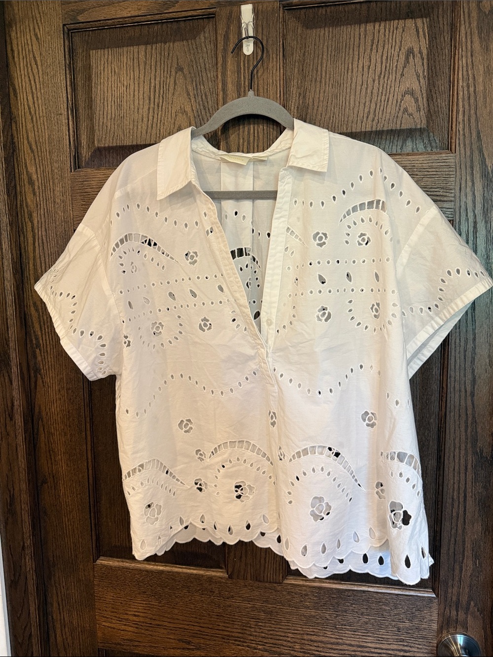 Anthropologie White Eyelet Short-Sleeve Popover Blouse XL